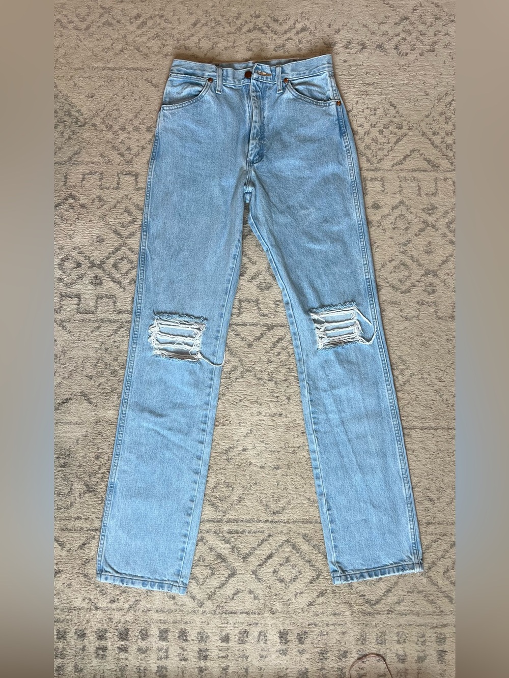 Wrangler Cowboy Cut Slim Fit Light Blue Straight Leg Distressed Jeans